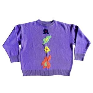Mary Lou Sweater Womens Medium Purple Colorful Floral Knit Pullover Crewneck